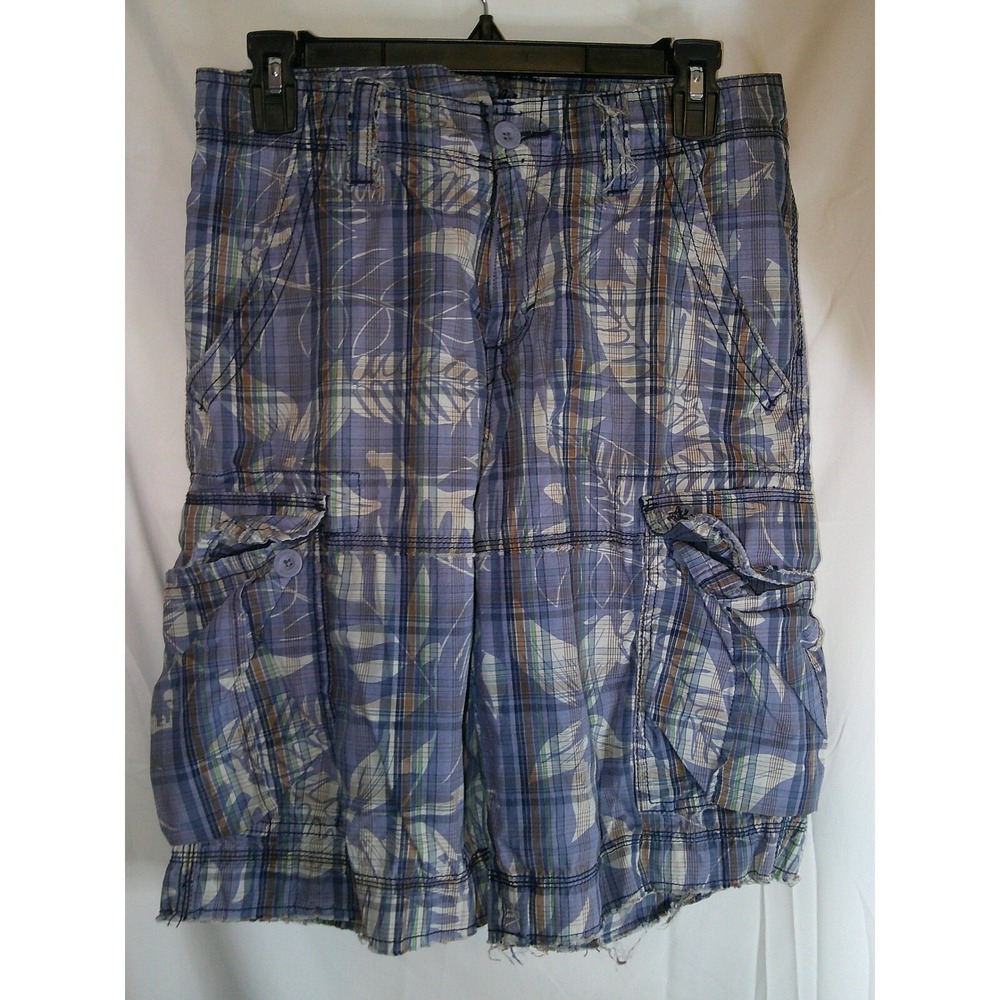Vintage Kirra Distressed Cargo‎ Shorts Plaid Casual Outdoor Blue Mens Size 32x12